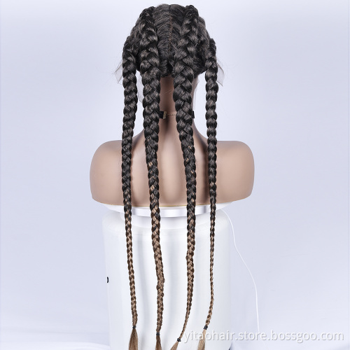 High Quality Braid Synthetic Wig Cornrows 4 Braids Hair Gray gradient brown Braided  Lace Front Wigs with Baby Hair for Women